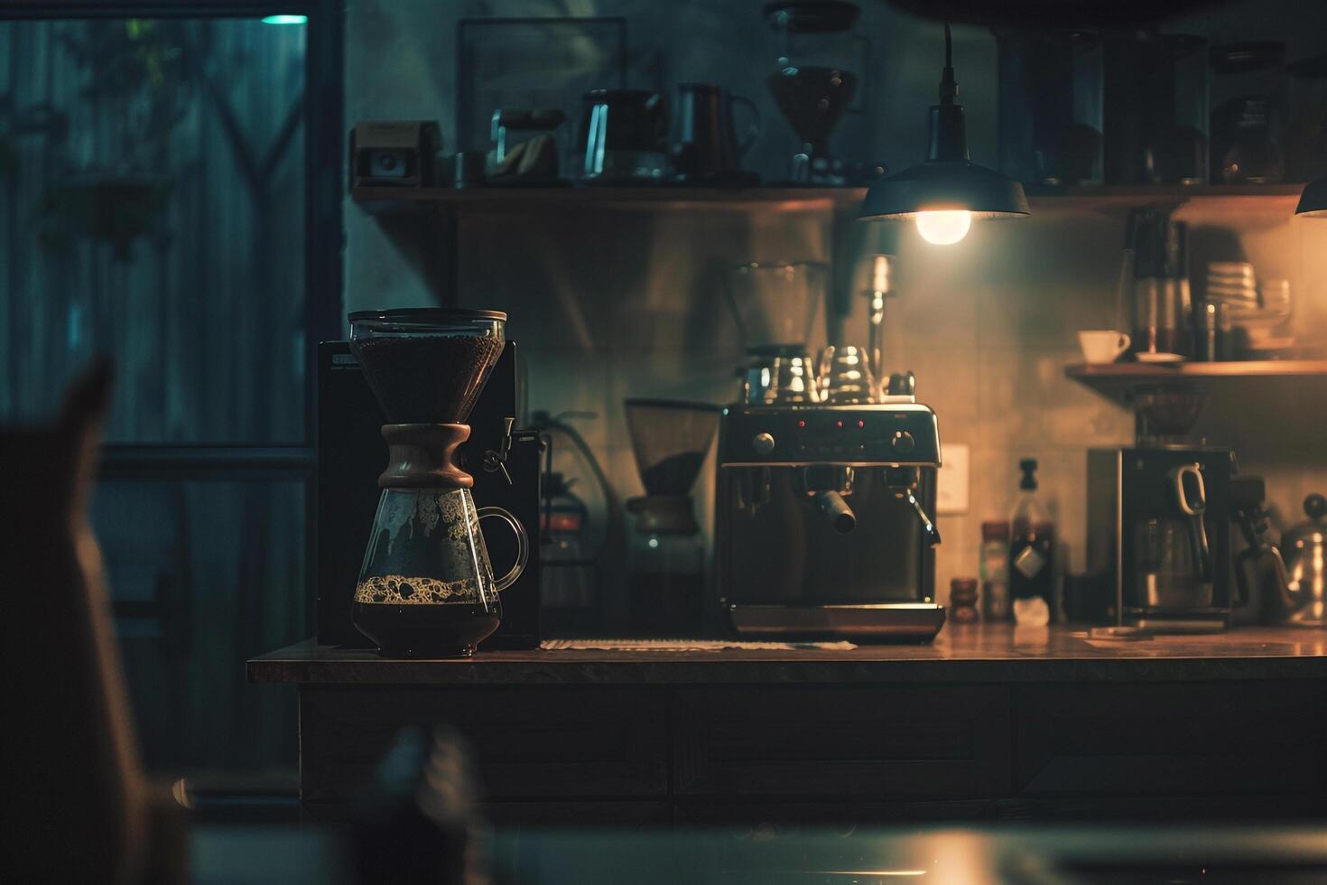 A Dark Room with a Coffee Maker and a Lamp photo