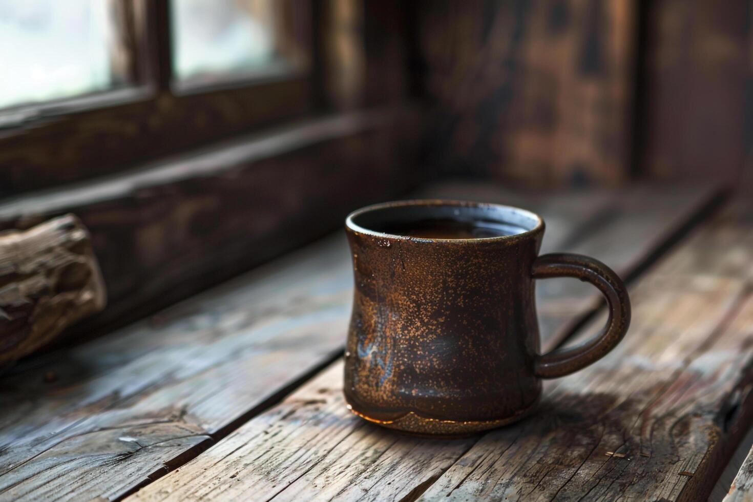 A Coffee Cup Sitting on a Wooden Table photo
