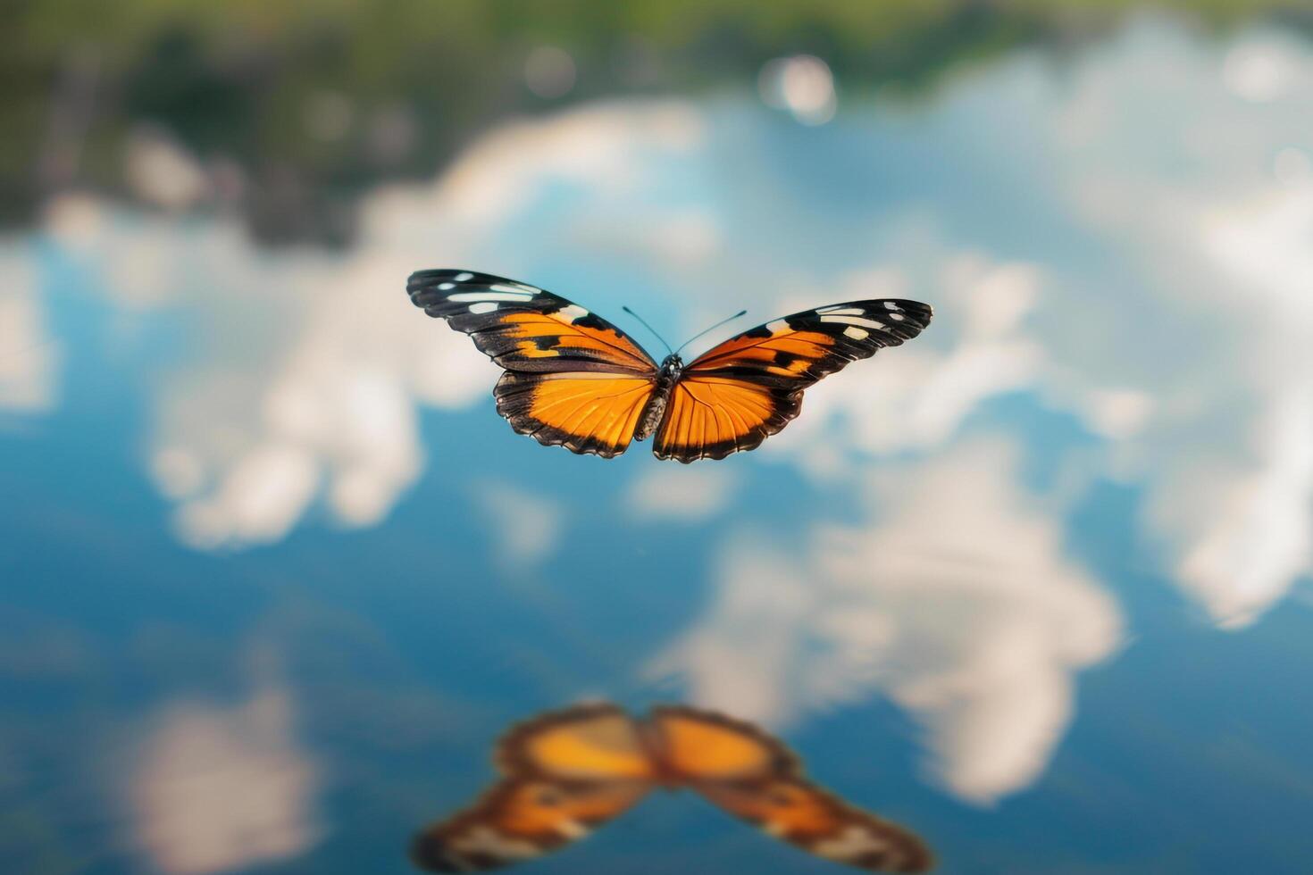 Butterfly in sky with reflection on water photo
