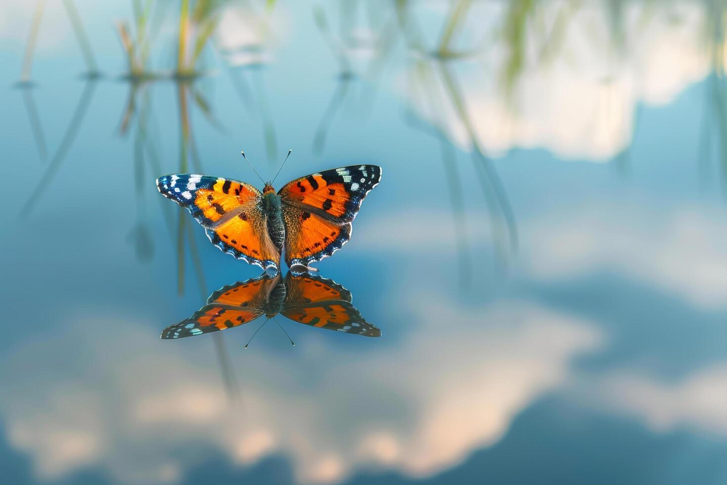 Butterfly reflected in water with grass and clouds in the background photo