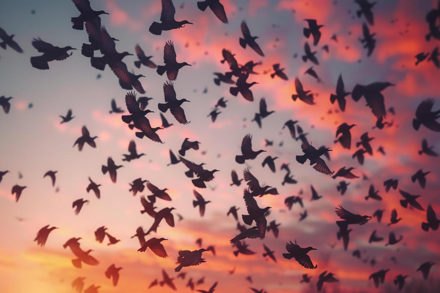 Flock of birds flying in sky at sunset photo