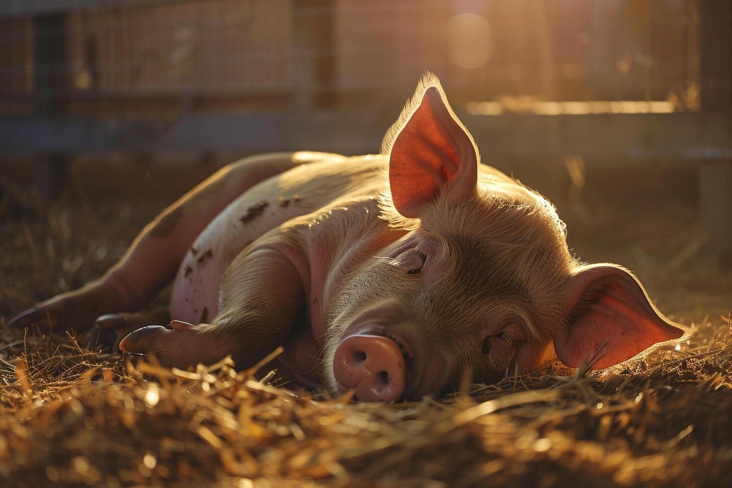 A Pig Laying on the Ground in a Barn Background photo