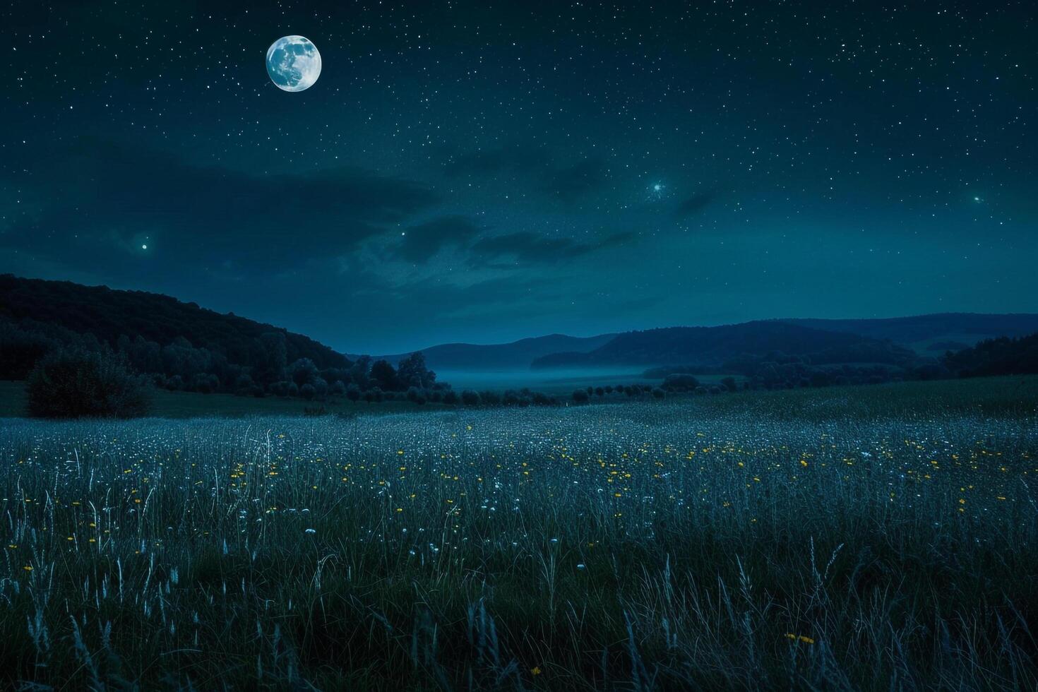 A Field with Wildflowers and a Moon in the Sky Background photo
