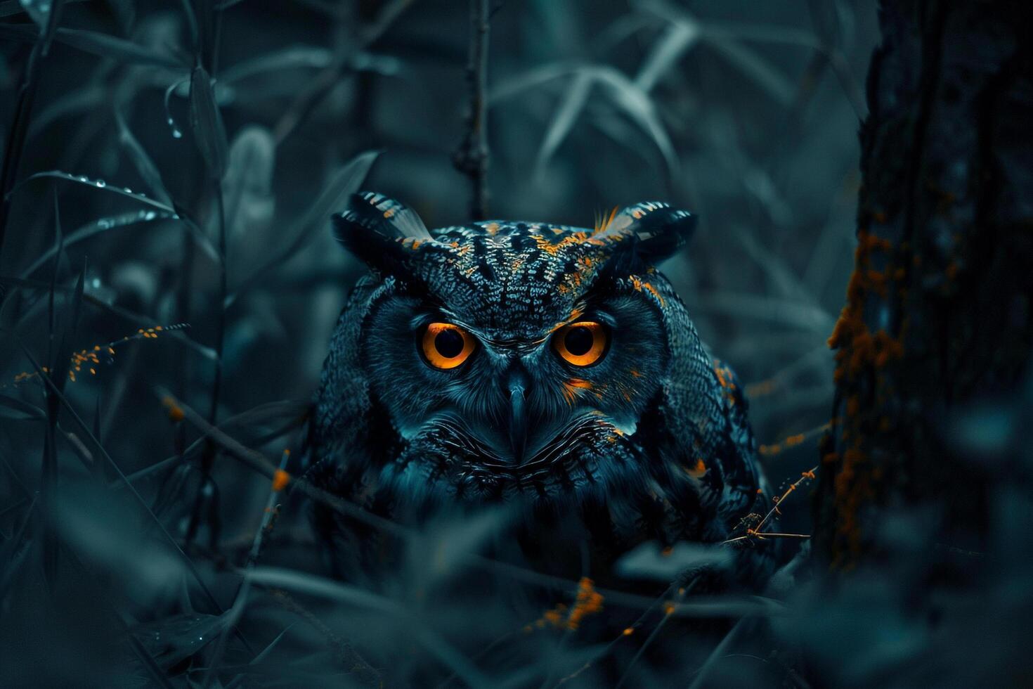 Owl with Orange Eyes in the Dark, Background photo