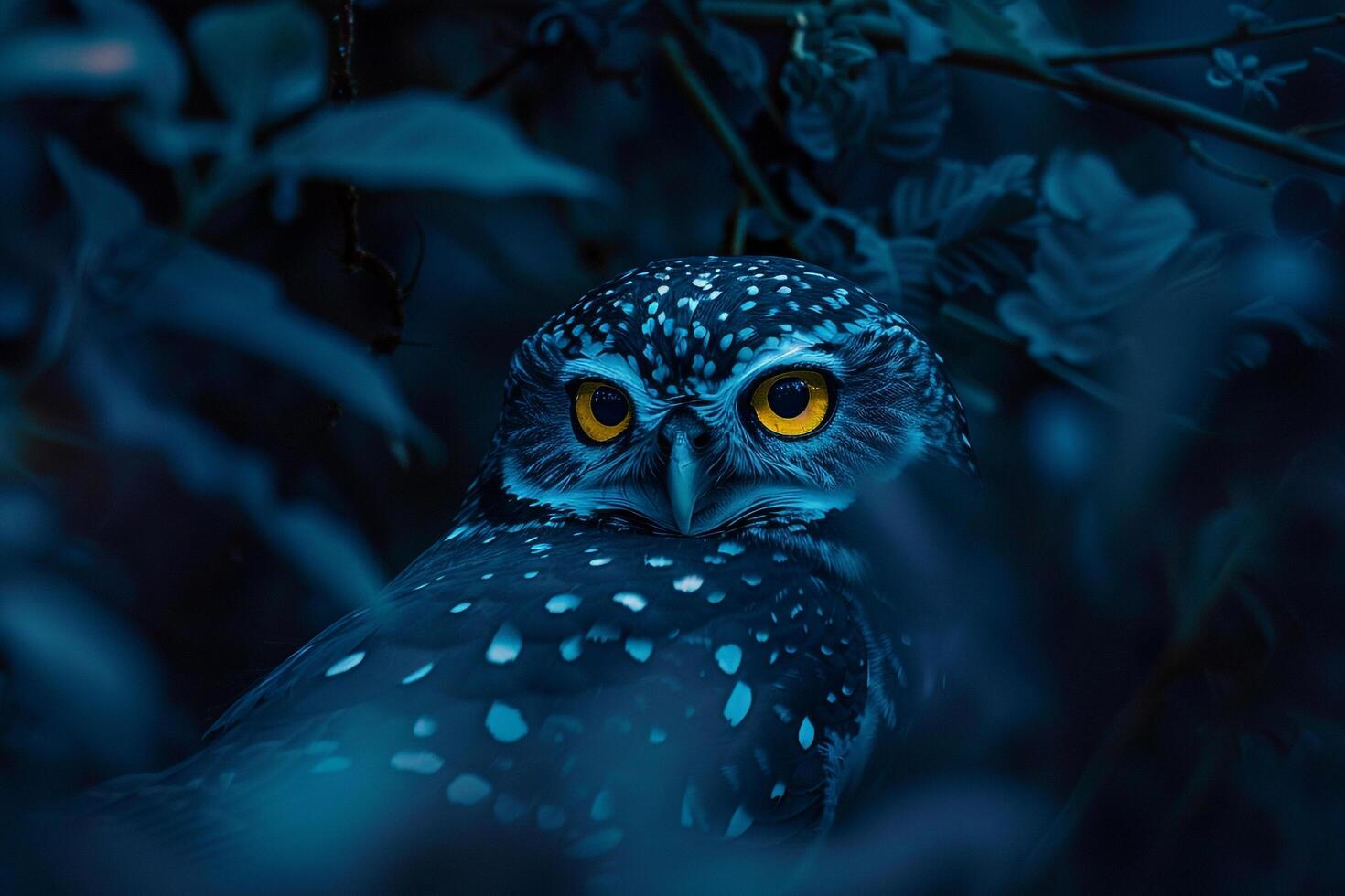 Owl with Yellow Eyes Sitting in the Dark, Background photo