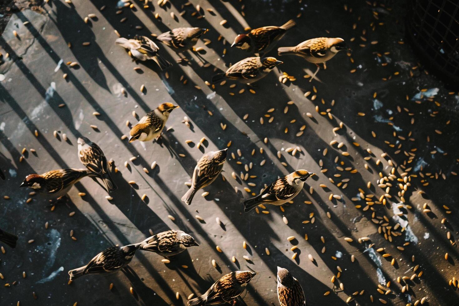 Birds flying around a bird feeder, background photo