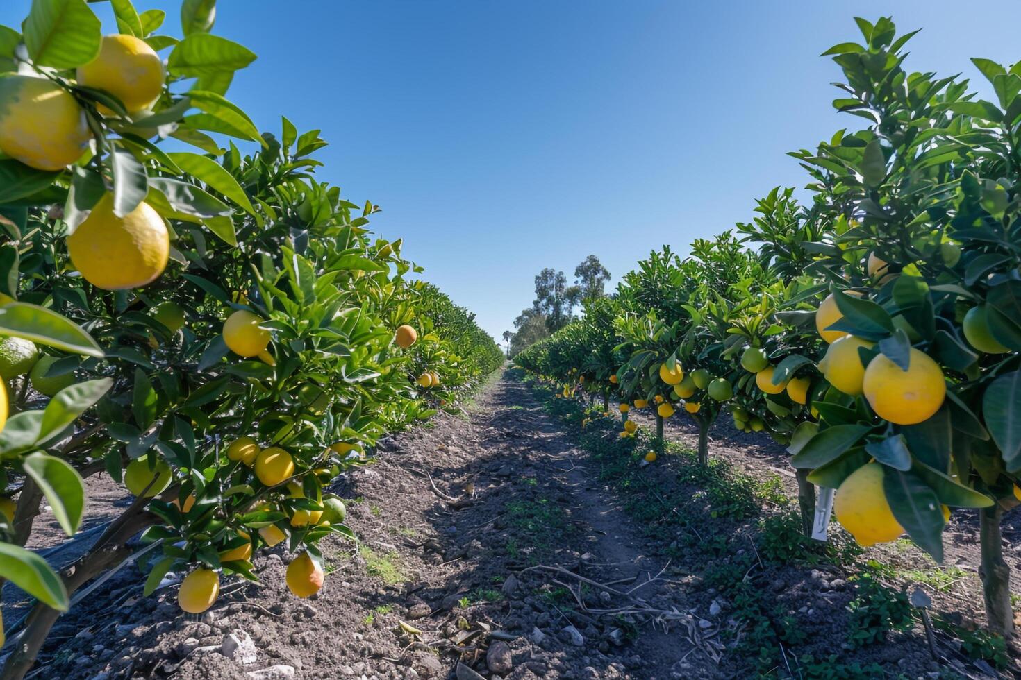 Row of trees with lemons growing on them background photo