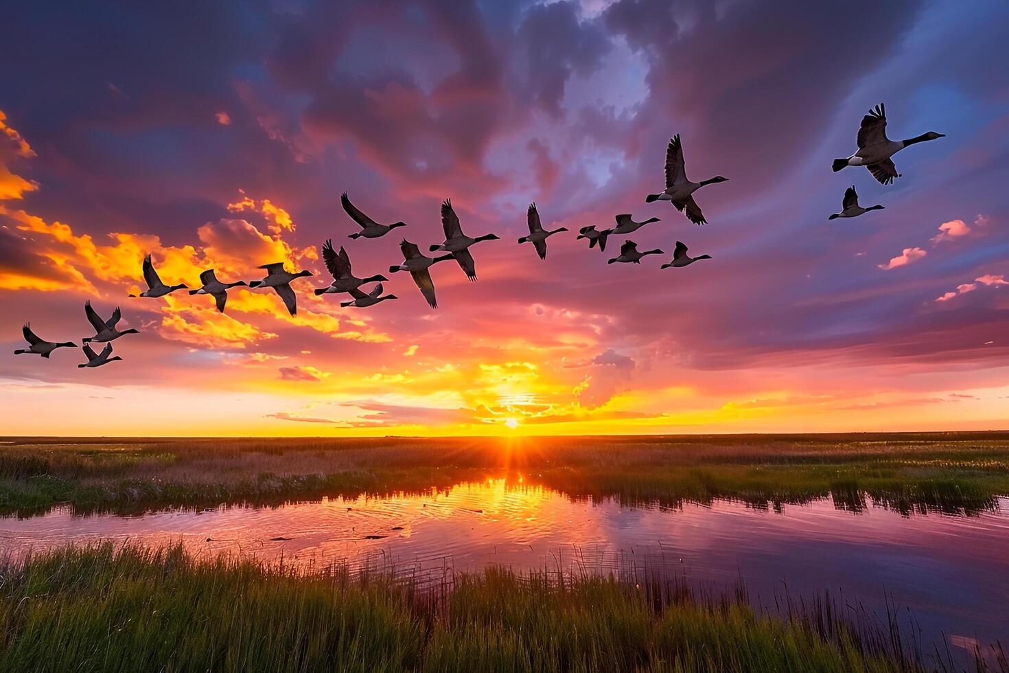 Geese Flying over a Marsh at Sunset Background photo