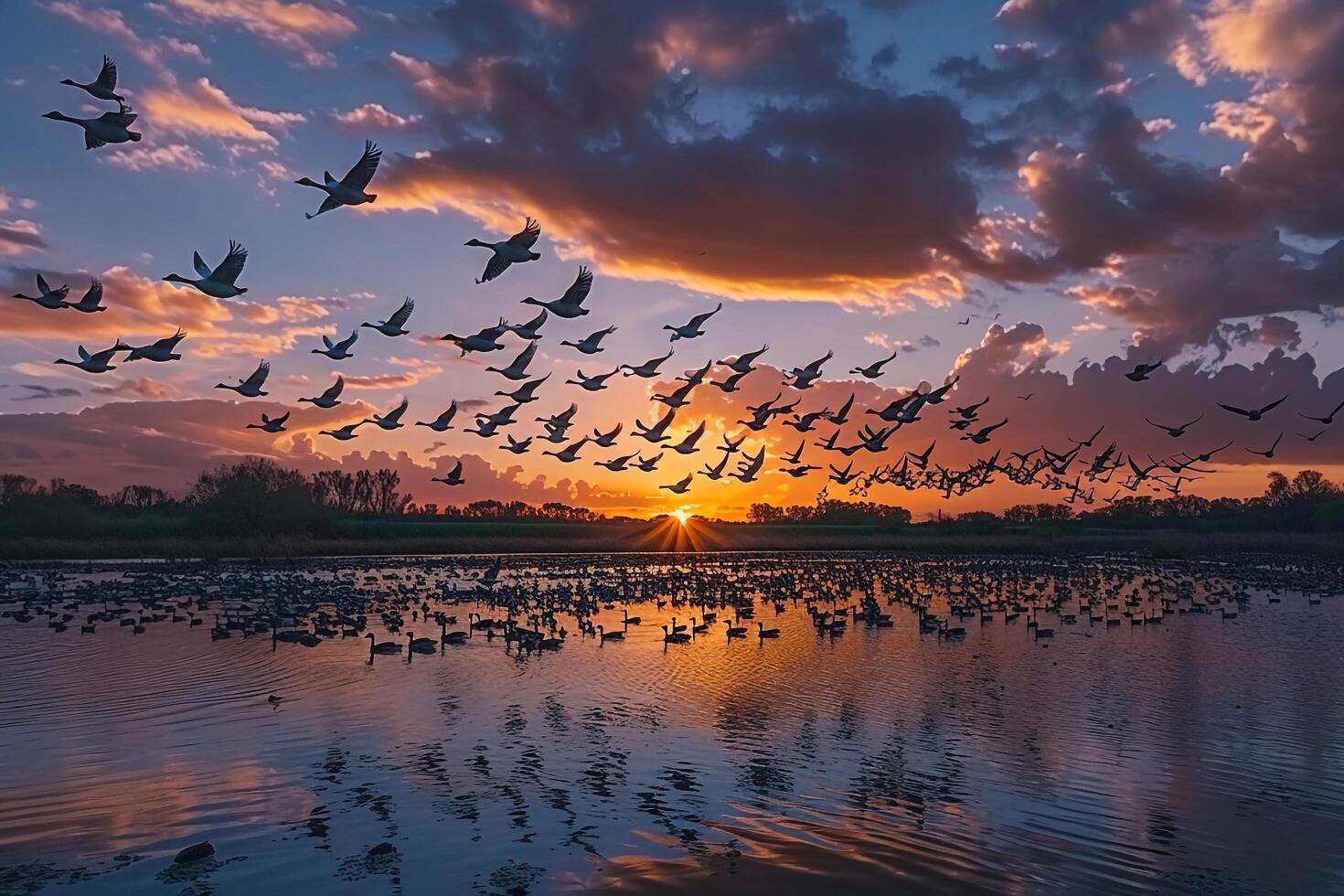 A Flock of Geese Fly over a Lake at Sunset Background photo