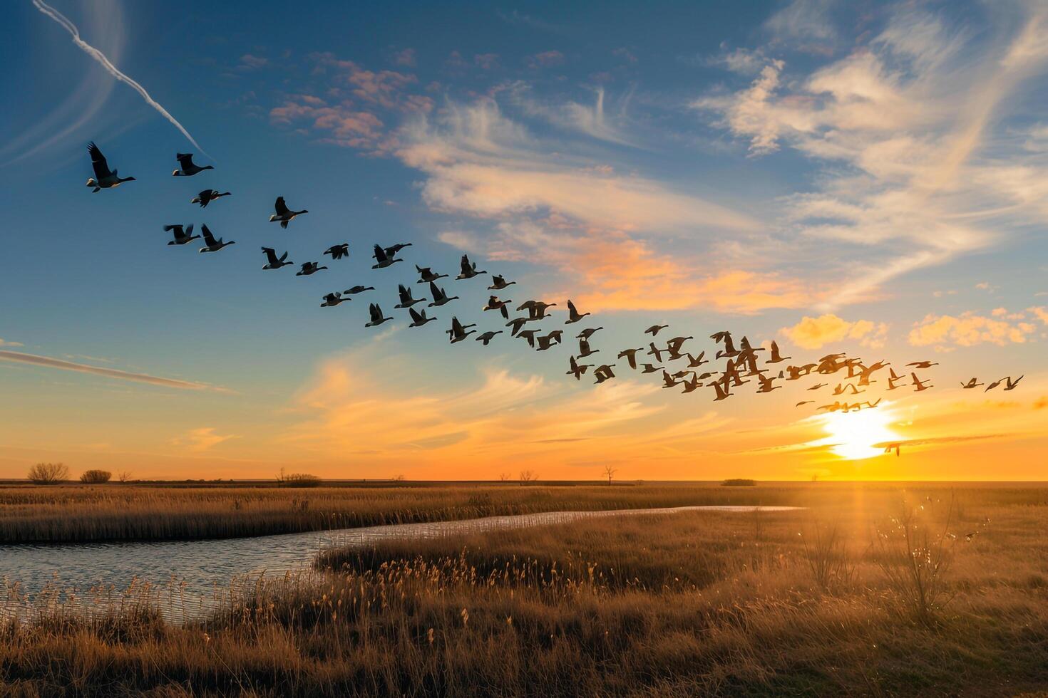 A Flock of Birds Flying over a Field at Sunset Background photo