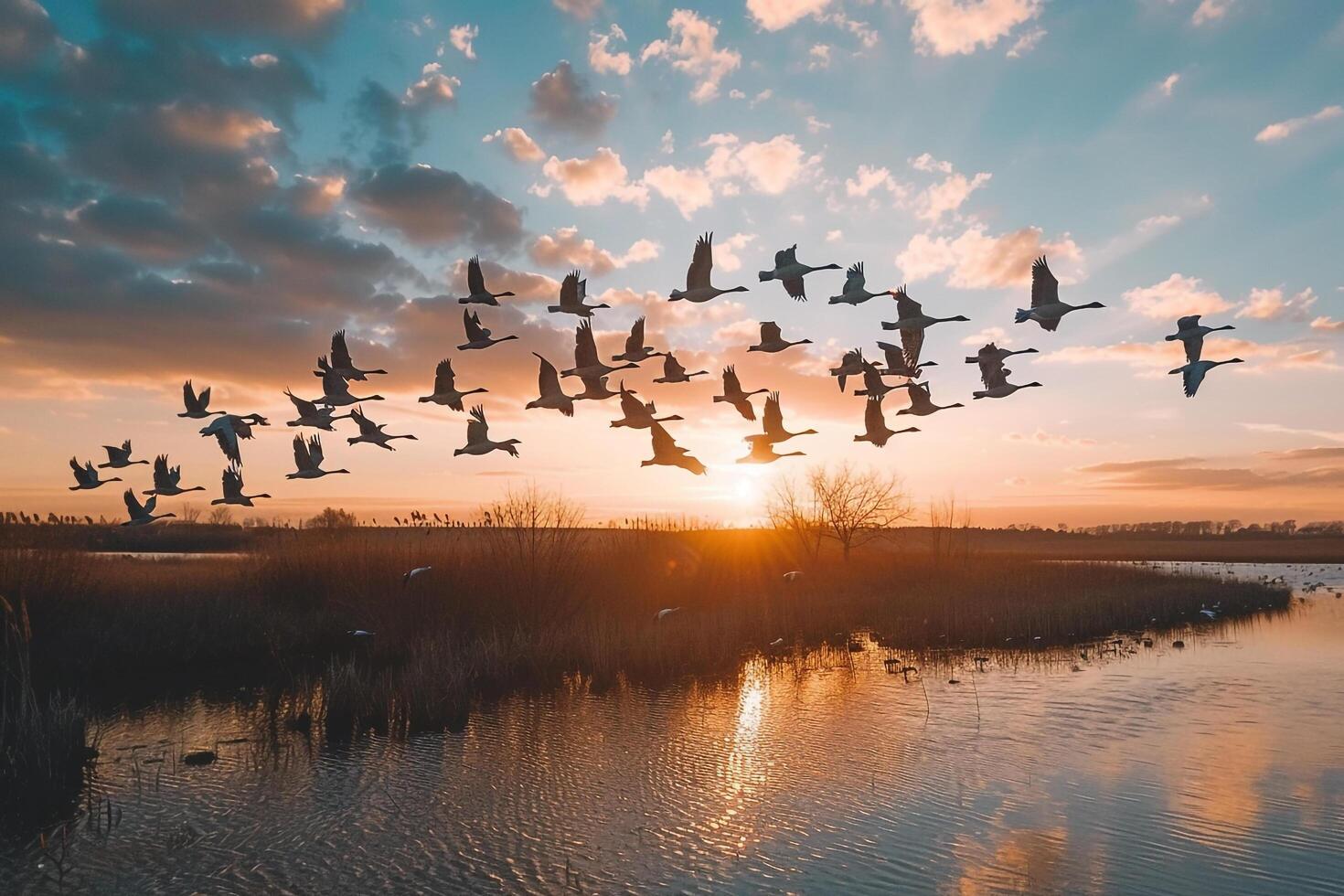 A Flock of Geese Flying over a Lake at Sunset Background photo