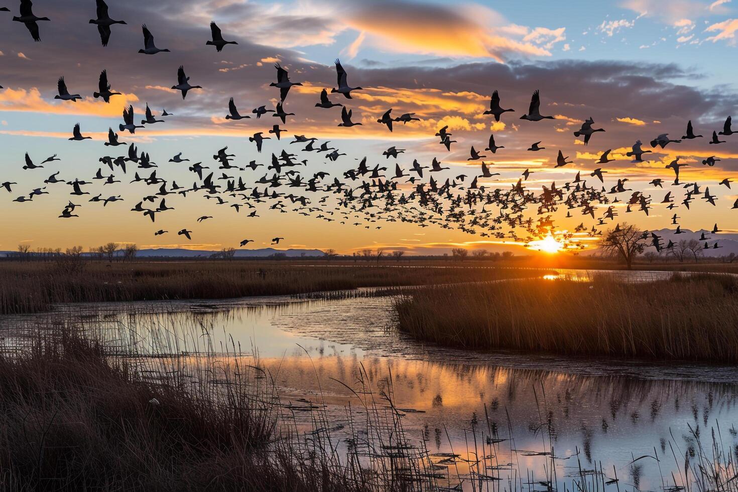 A Flock of Birds Flying over a Body of Water Background photo