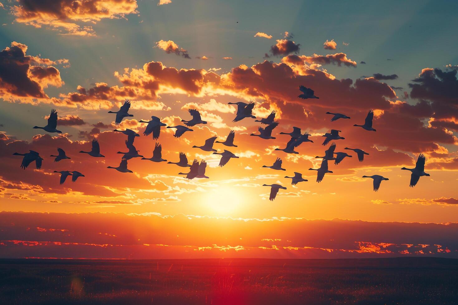 A Flock of Birds Flying in the Sky at Sunset Background photo