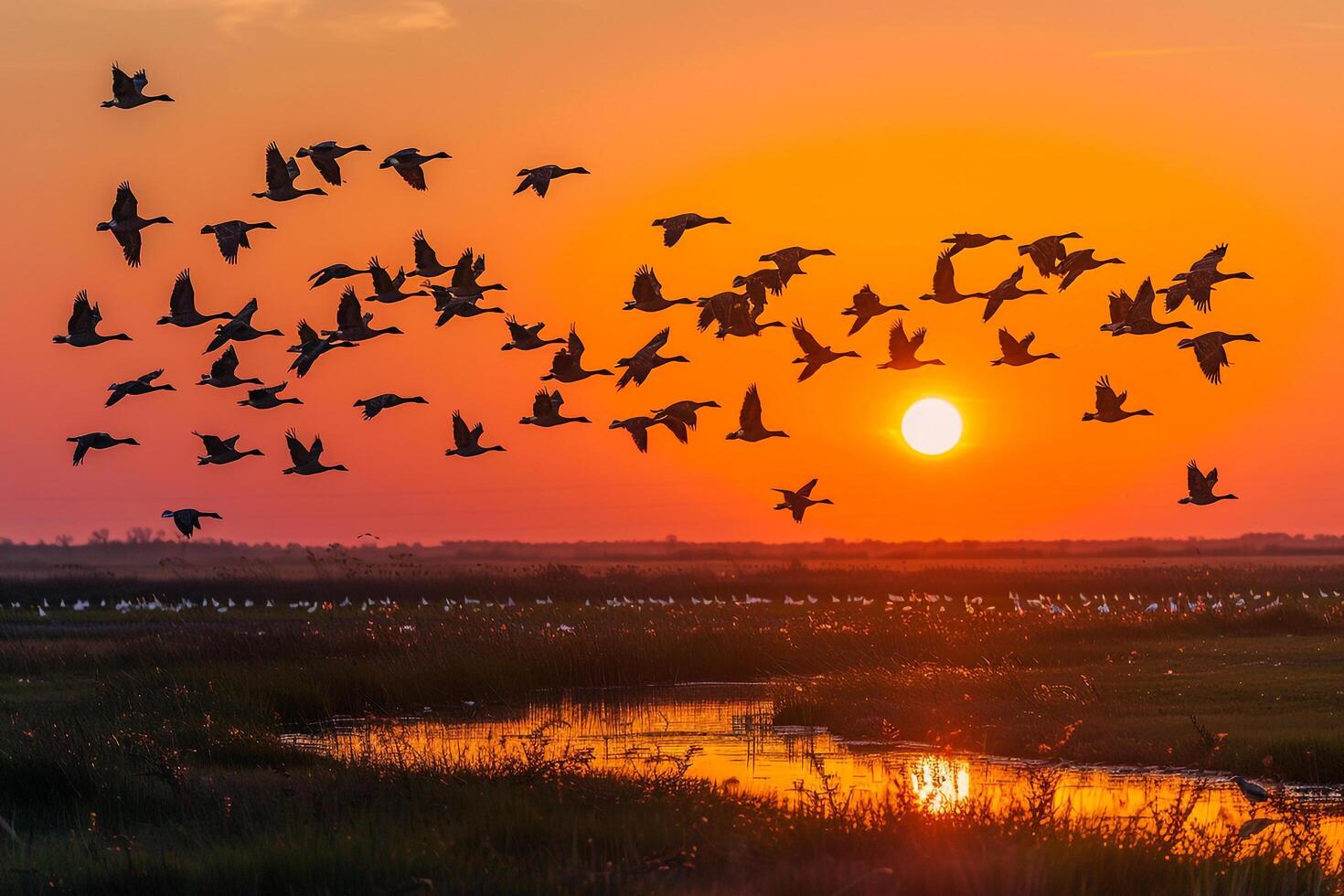 A Flock of Birds Flying over a Body of Water Background photo