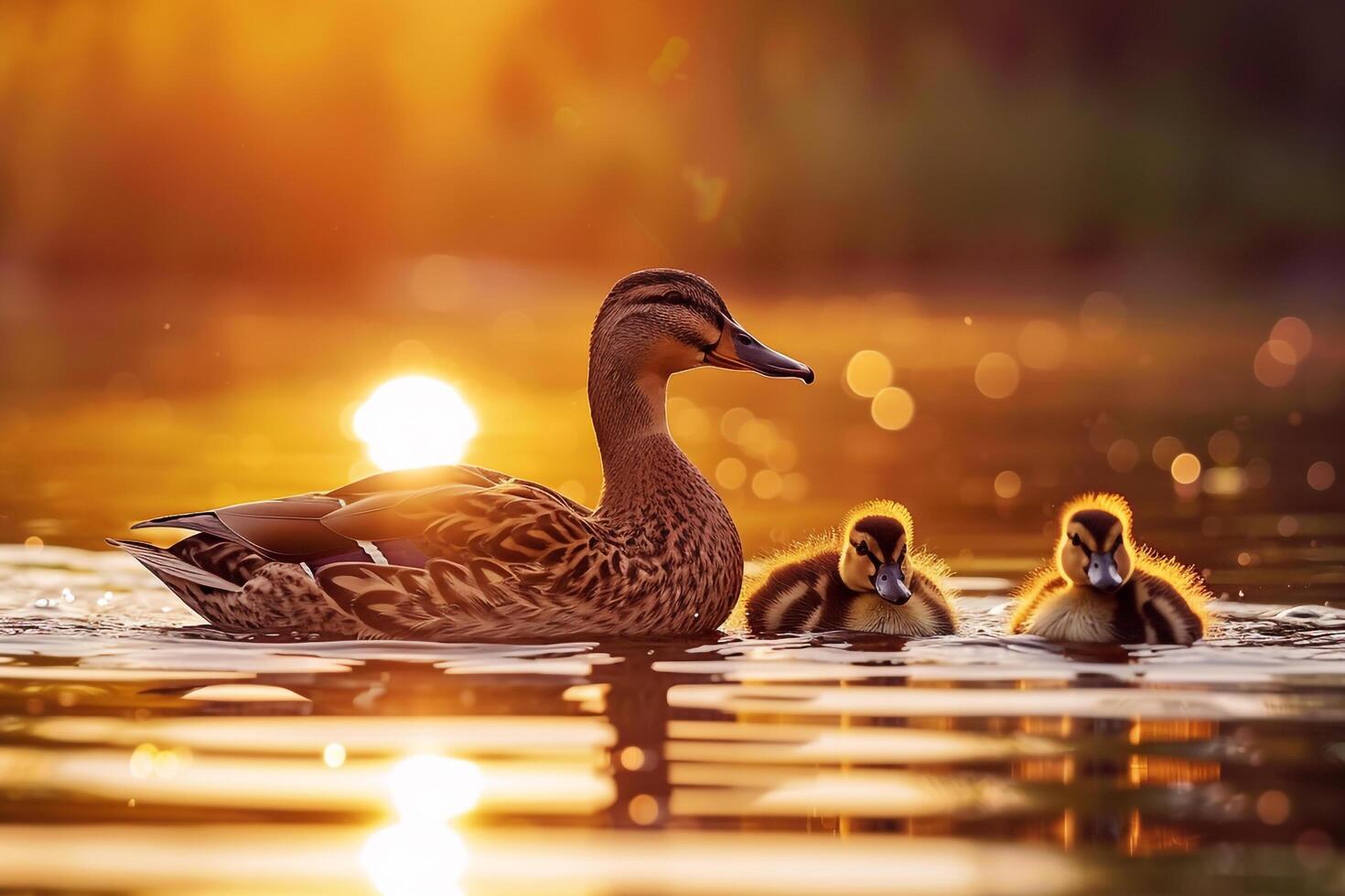 A Duck and Her Two Ducklings Swimming in the Water Background photo