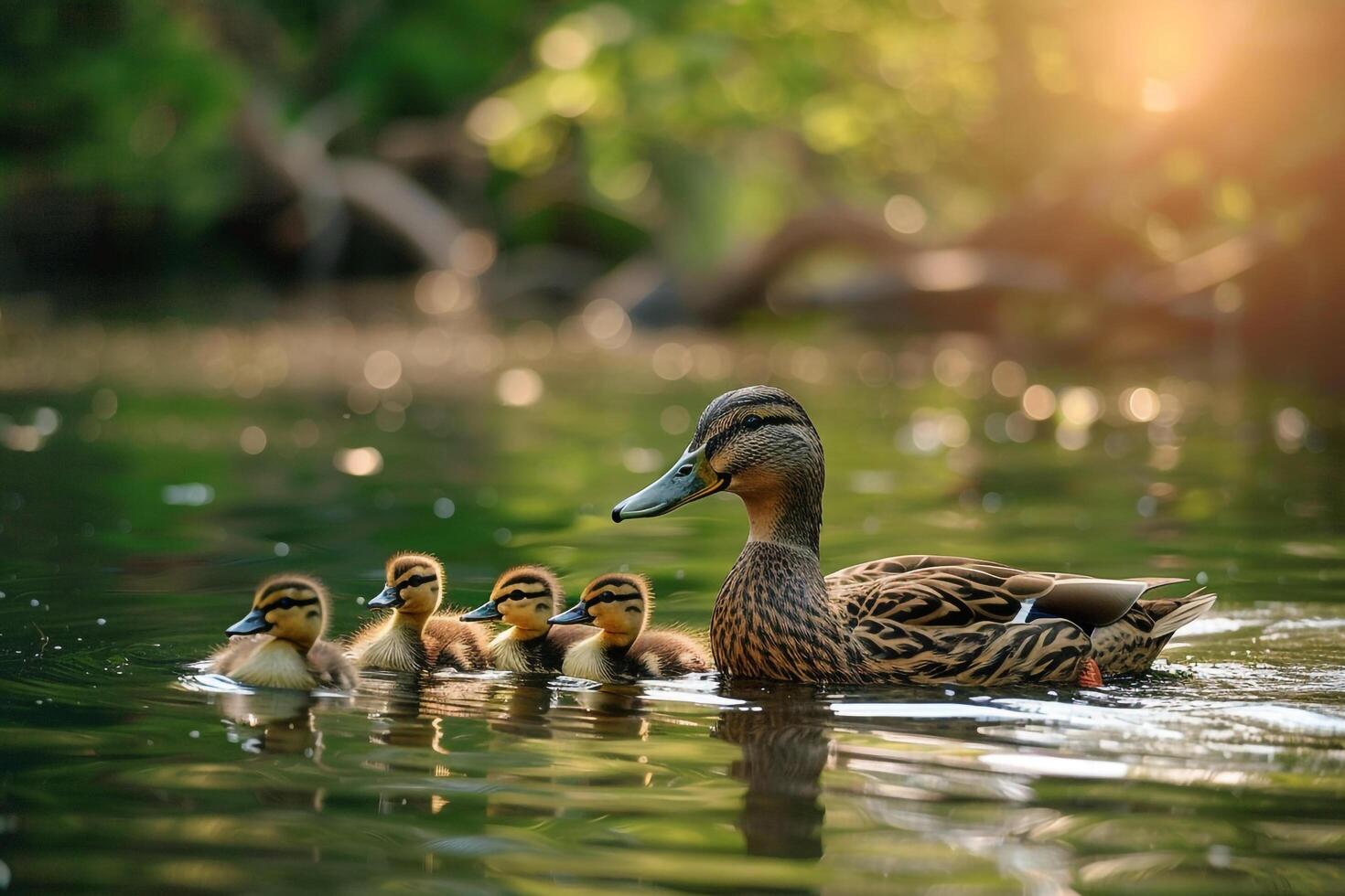 Mother Duck with Ducklings Swimming in Water Background photo