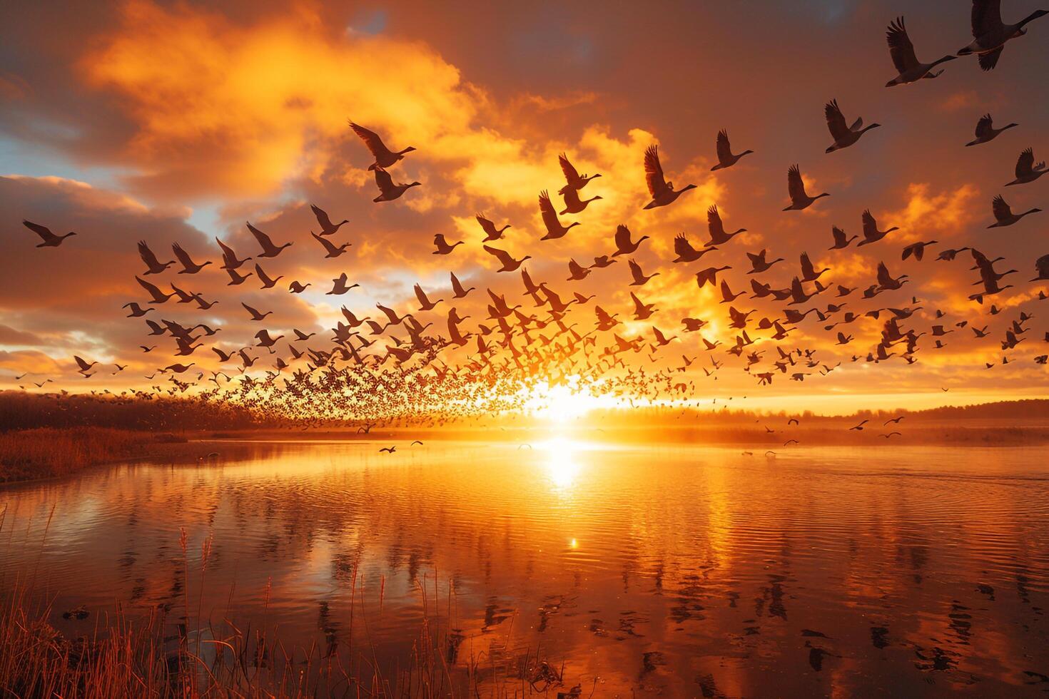 Geese Flying over Lake at Sunset Background photo