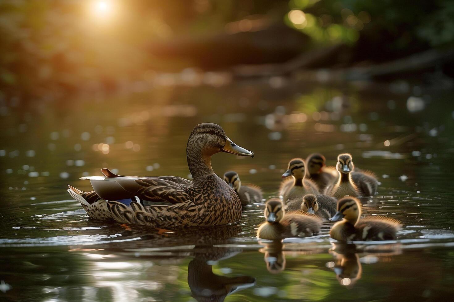Duck Family Swimming in Pond at Sunset Background photo