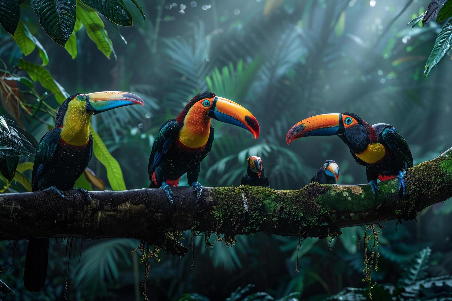 Toucan Family in the Jungle with Jungle Background photo