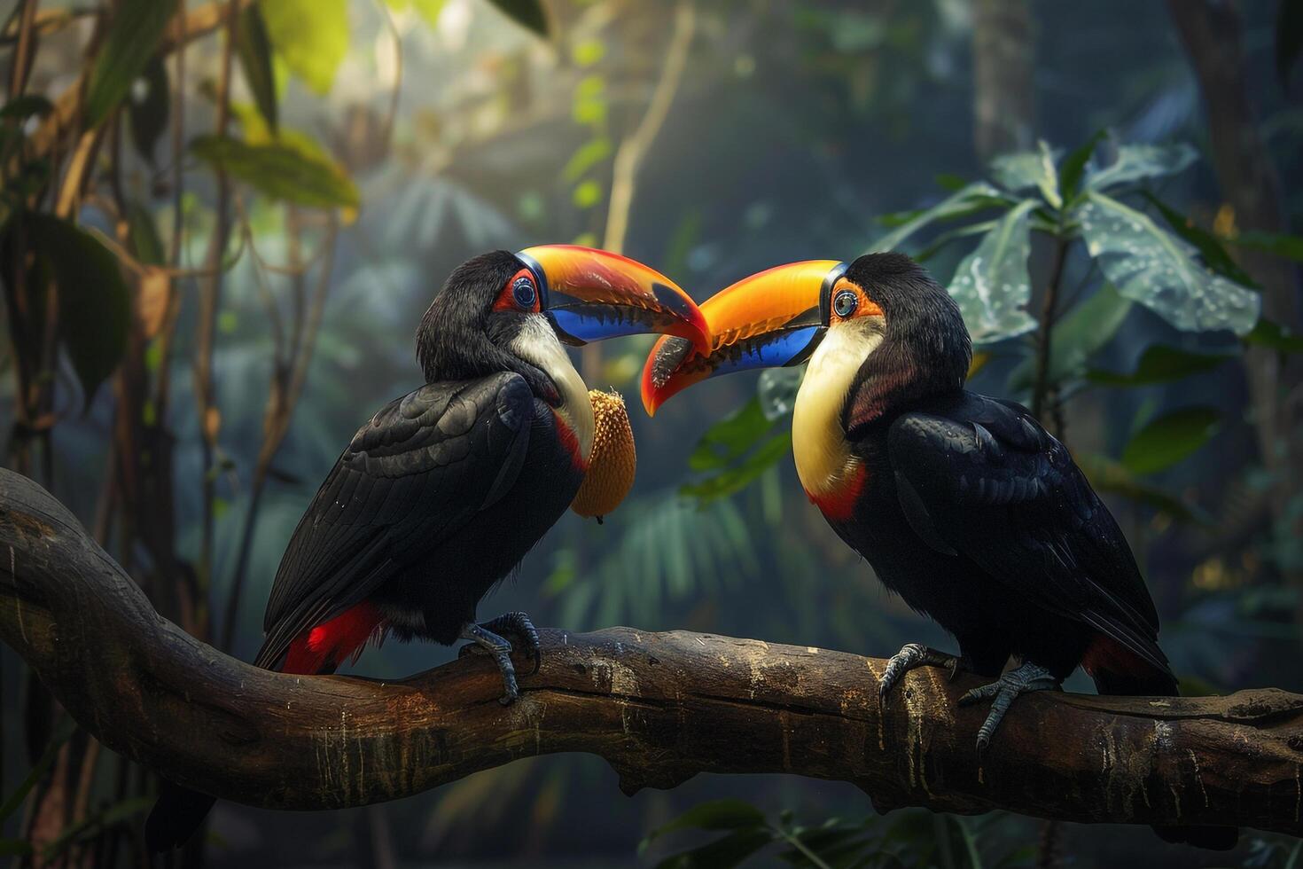 Two Toucans Sitting on a Branch with Jungle Background photo