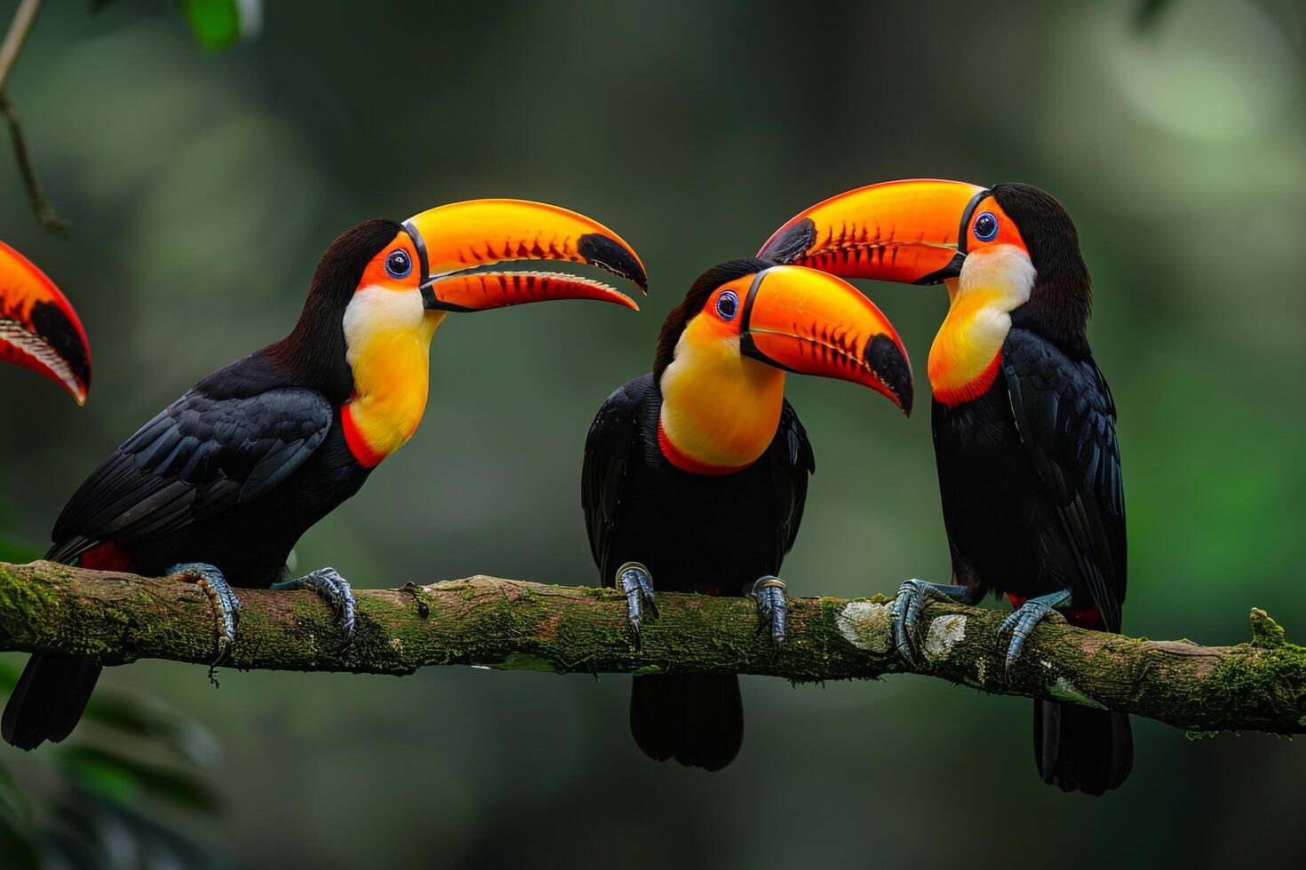 Four Toucans Sitting on a Branch in the Jungle with Jungle Background photo