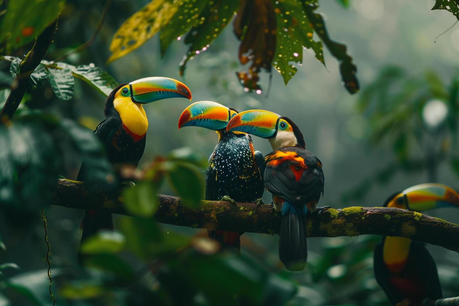 Toucan Birds in the Rainforest with Rainforest Background photo