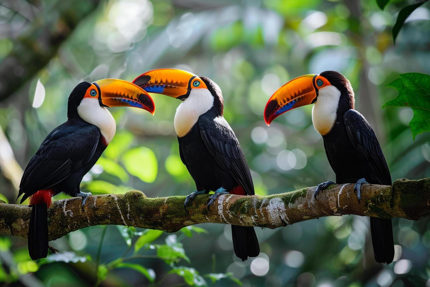 Three Toucans Sitting on a Branch in the Jungle with Jungle Background photo