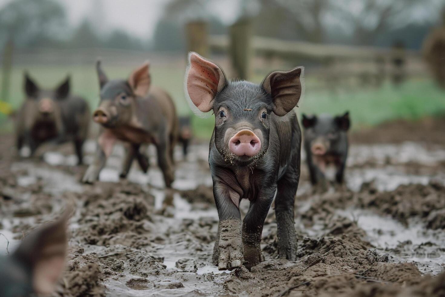 A Group of Pigs Walking in a Muddy Field with Field Background photo