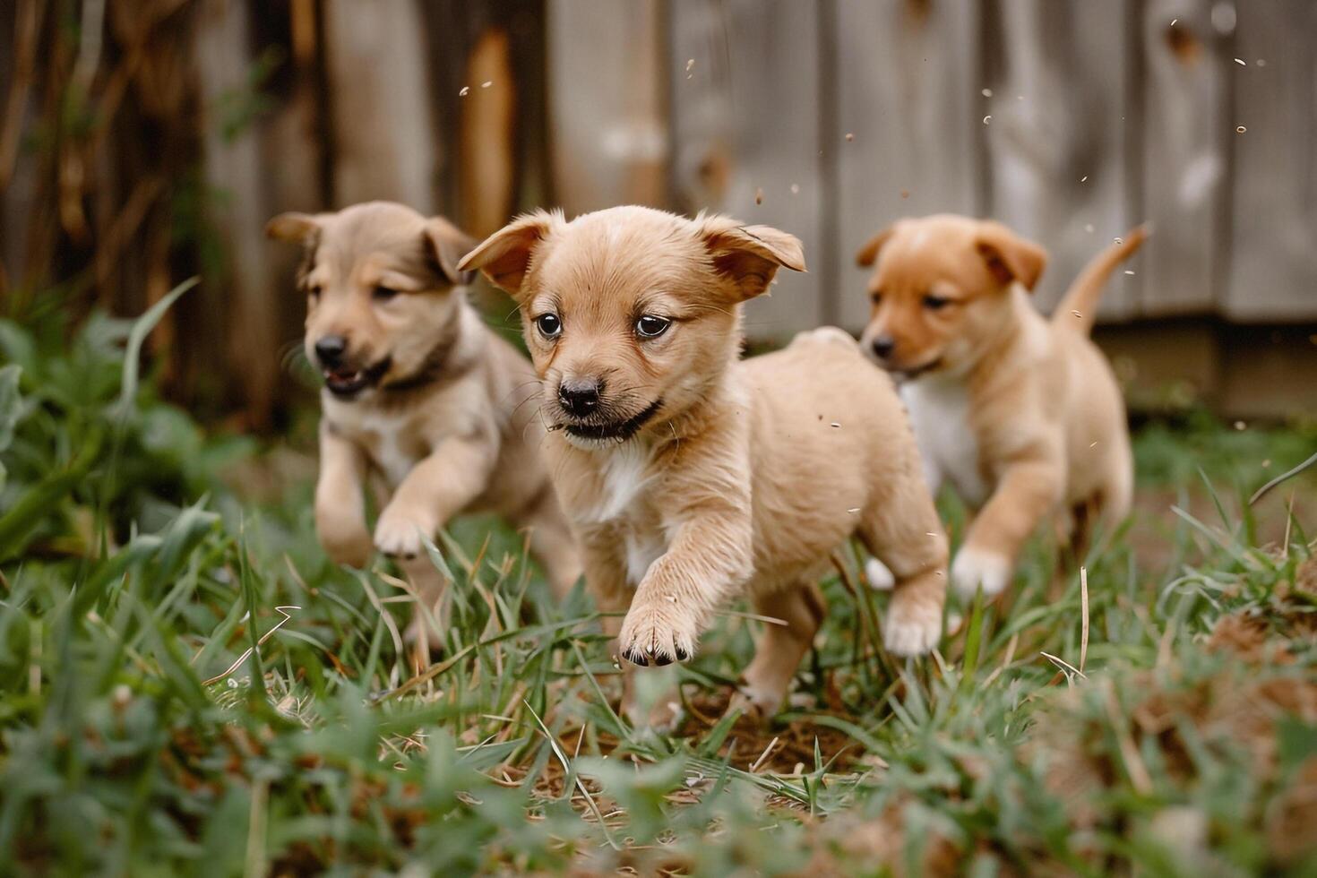 Three Puppies Running in the Grass with Grass Background photo