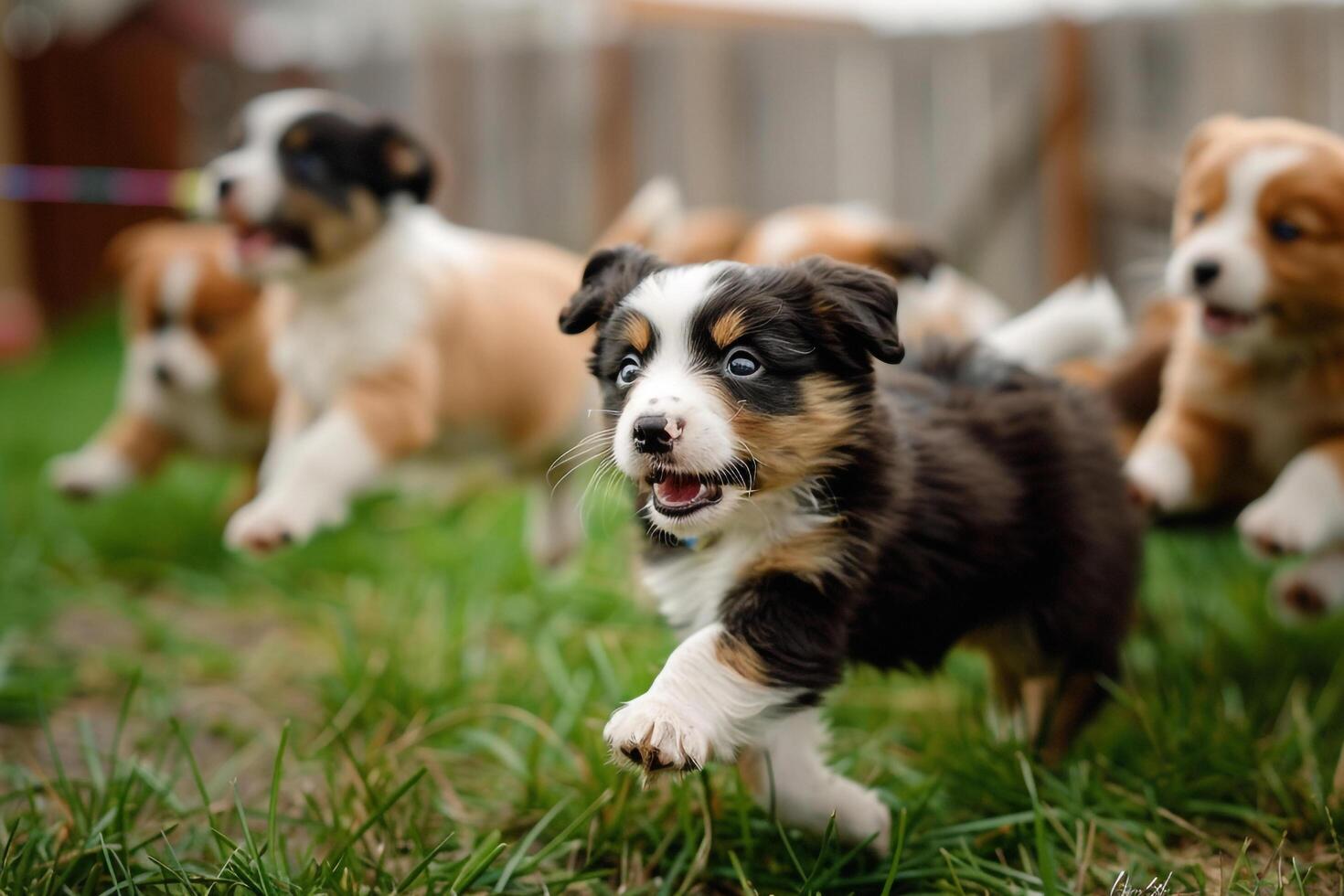 A Group of Puppies Running in the Grass with Grass Background photo