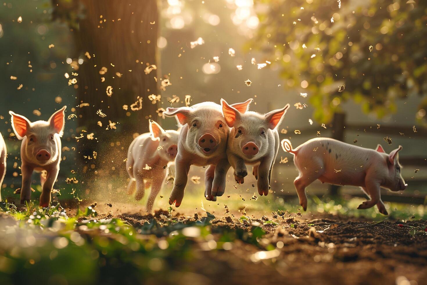 A Group of Pigs Running in the Grass with Grass Background photo
