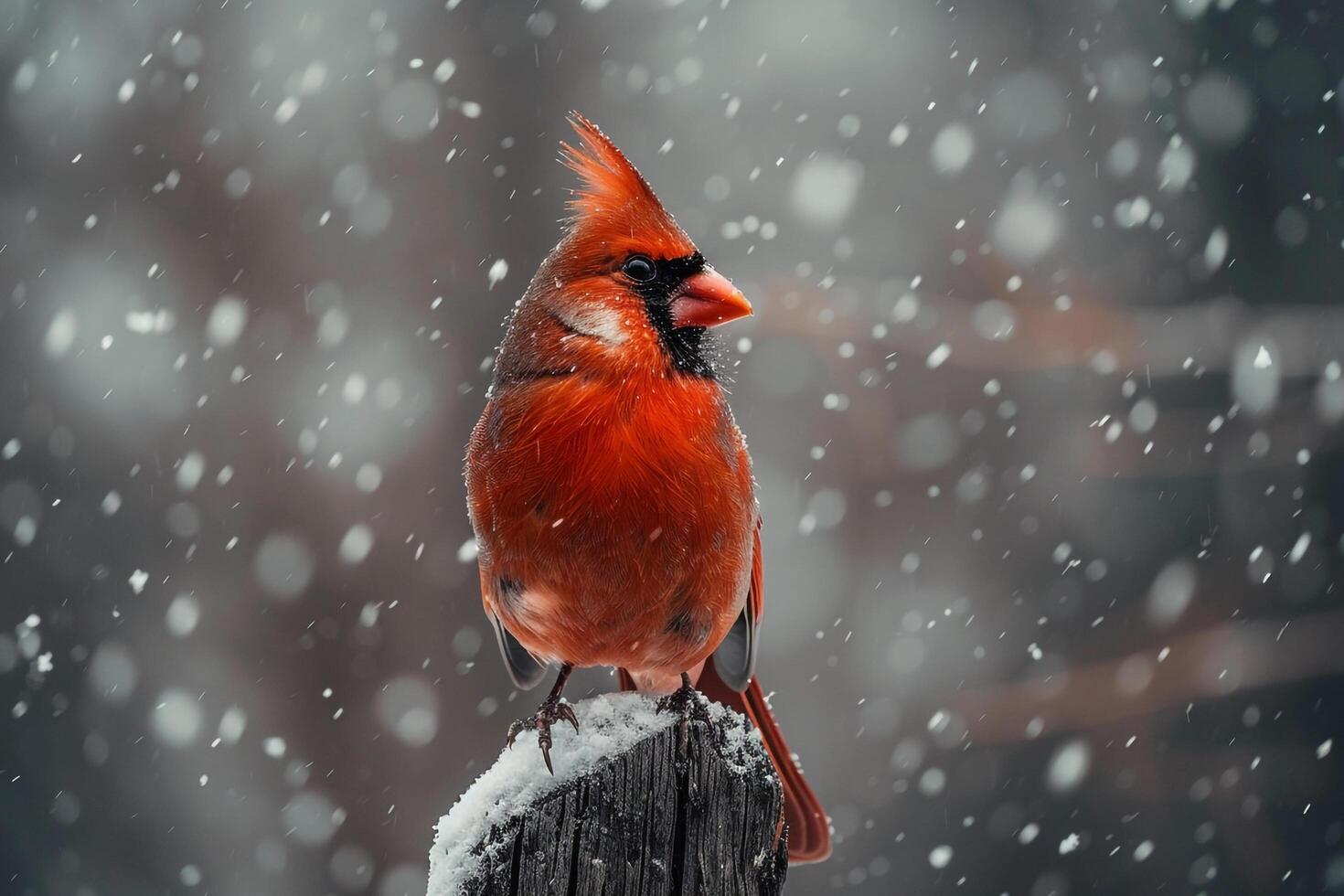 Red Bird Perched on Wooden Post in Snow Background photo