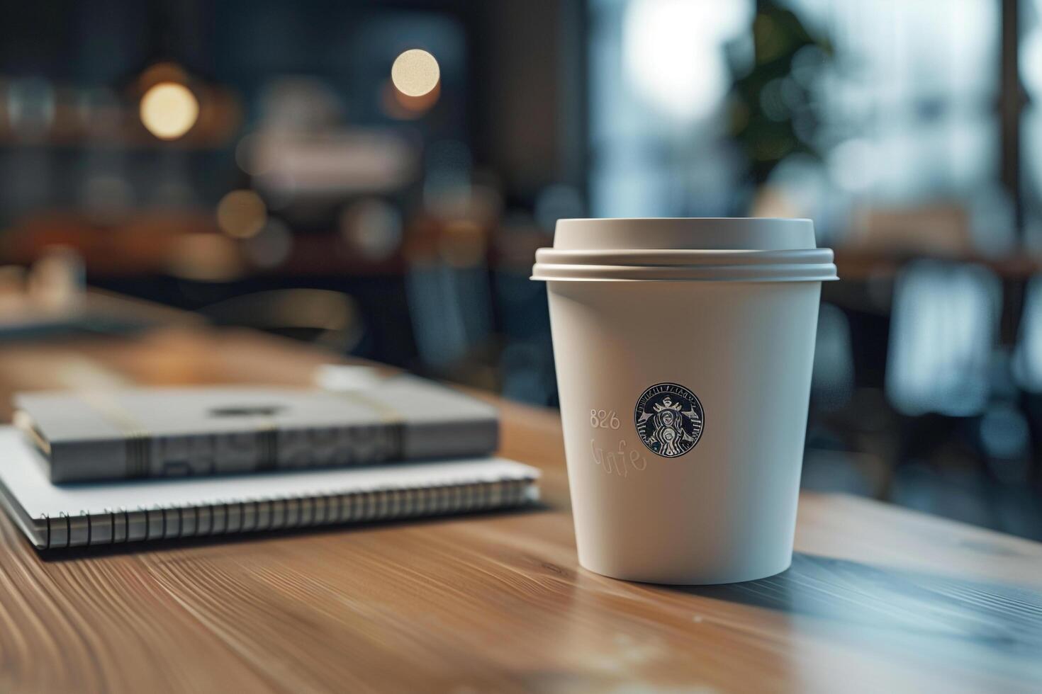 Starbucks cup on a wooden table background photo