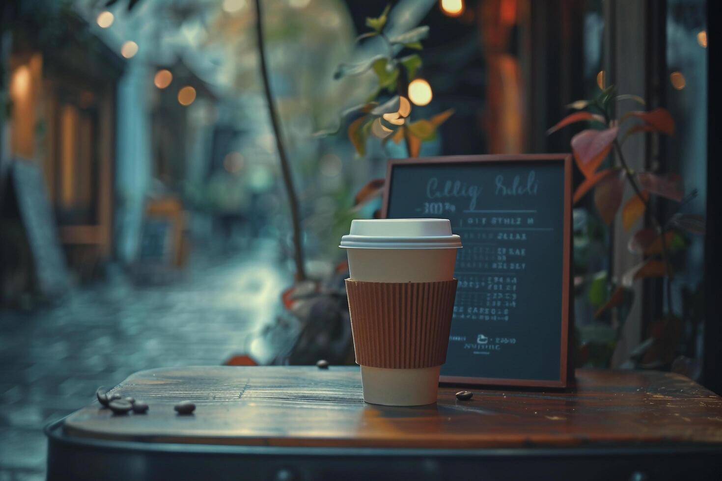 Coffee cup on a table in front of a coffee shop background photo