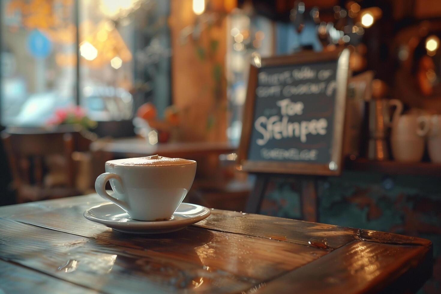A cup of coffee sits on a wooden table in front of a sign background photo