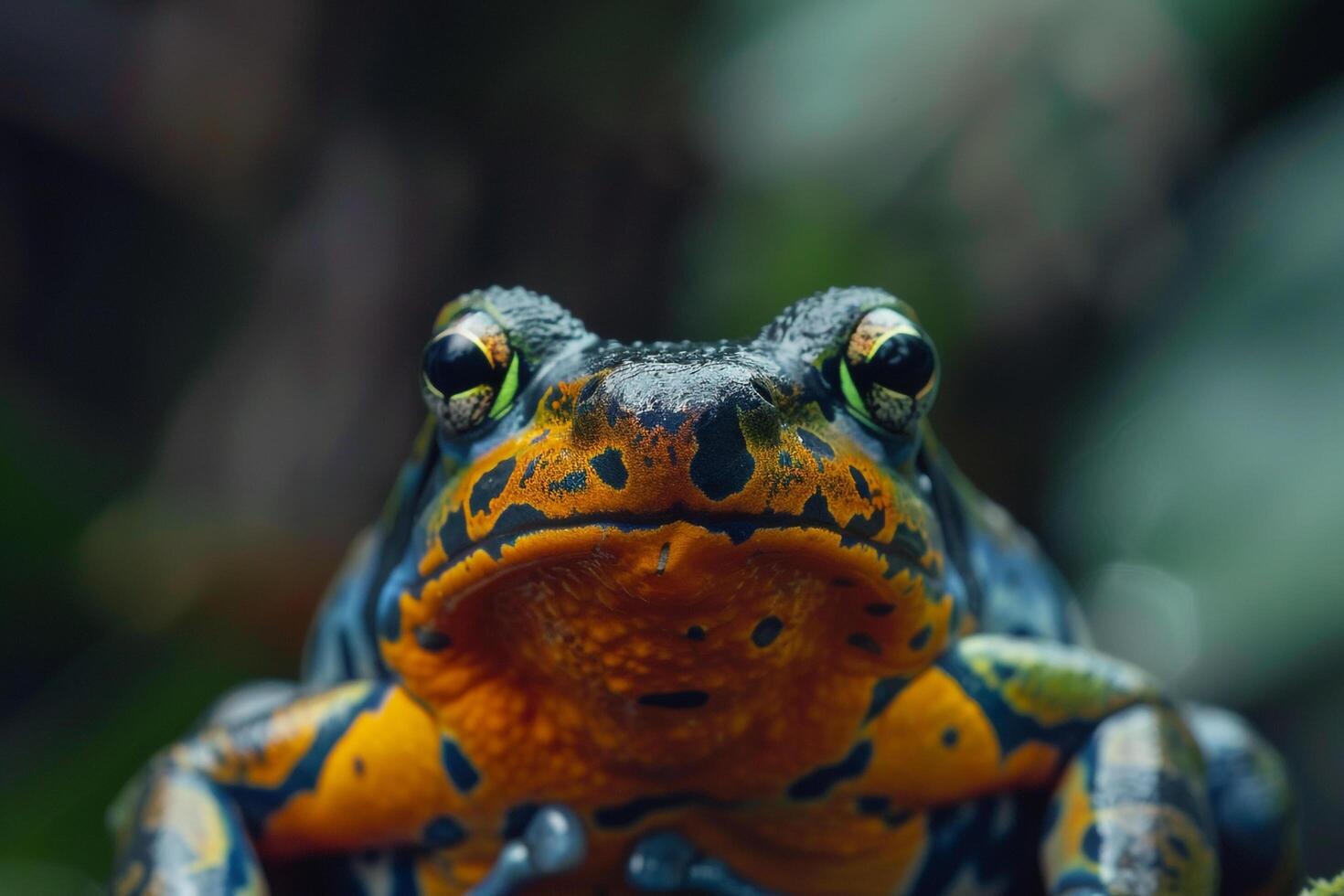 A  of a colorful frog with black and orange spots background photo