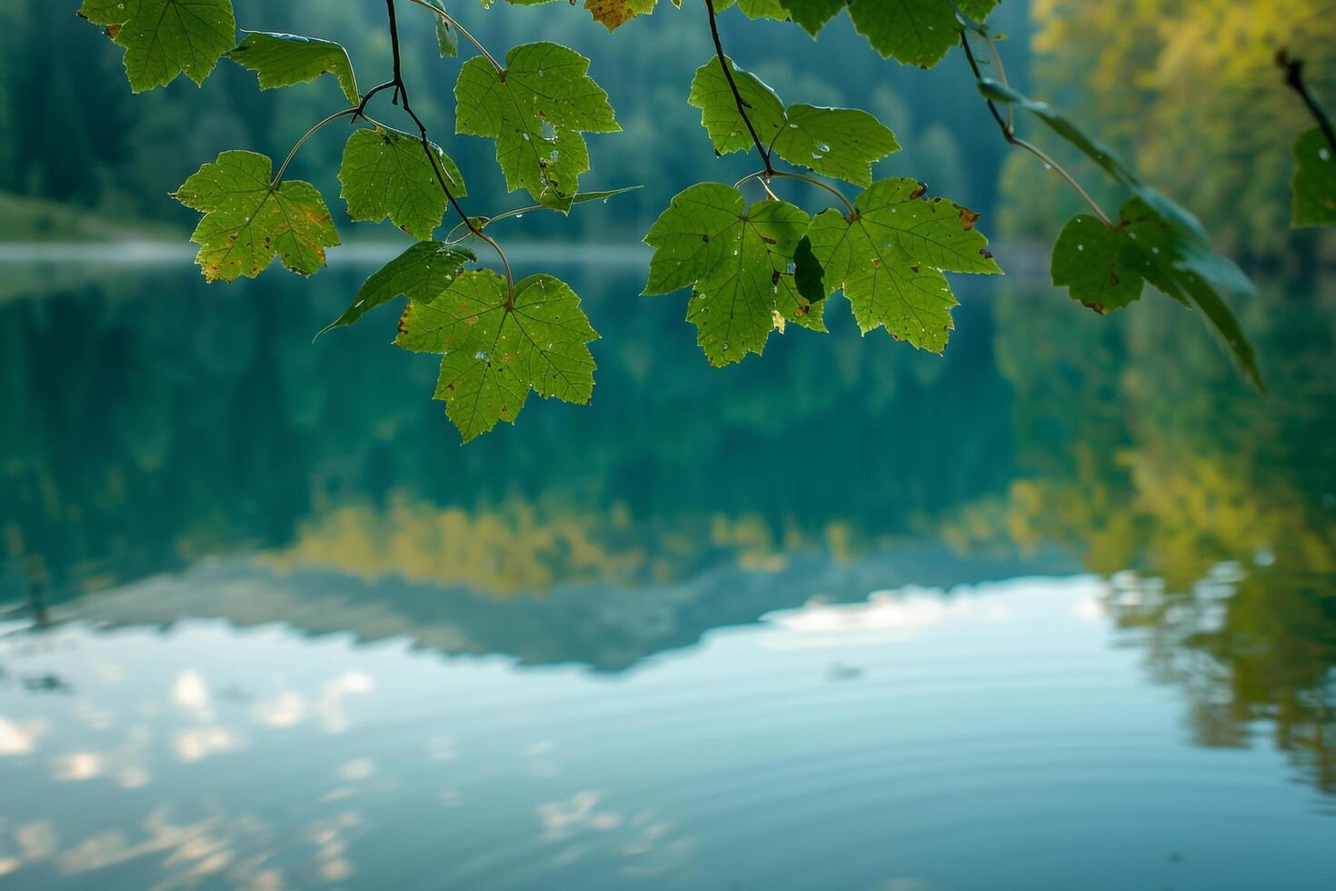 Tree Branch with Leaves over Lake Background photo