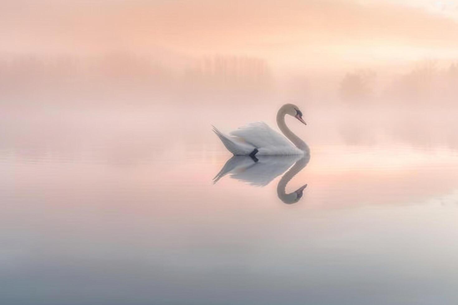 Swan Floating on Lake in Fog Background photo