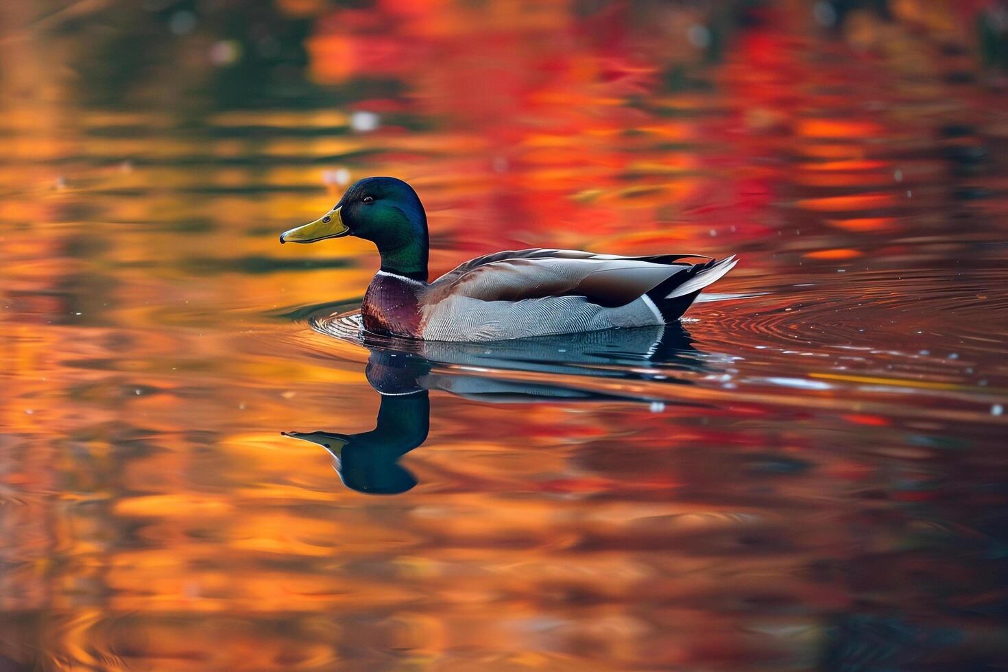 Duck Swimming in Water with Colorful Leaves Background photo