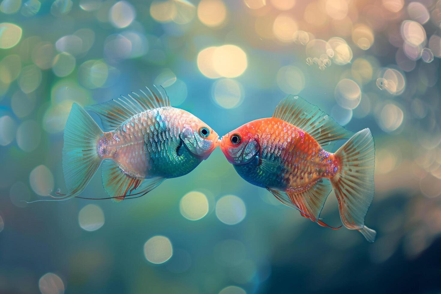 Two fish kissing in water background photo