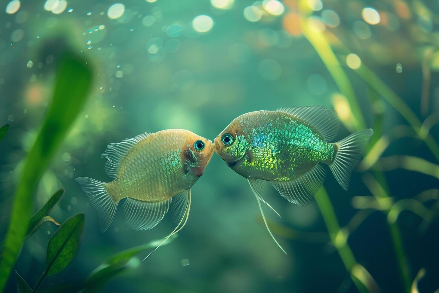 Two fish kissing in water background photo