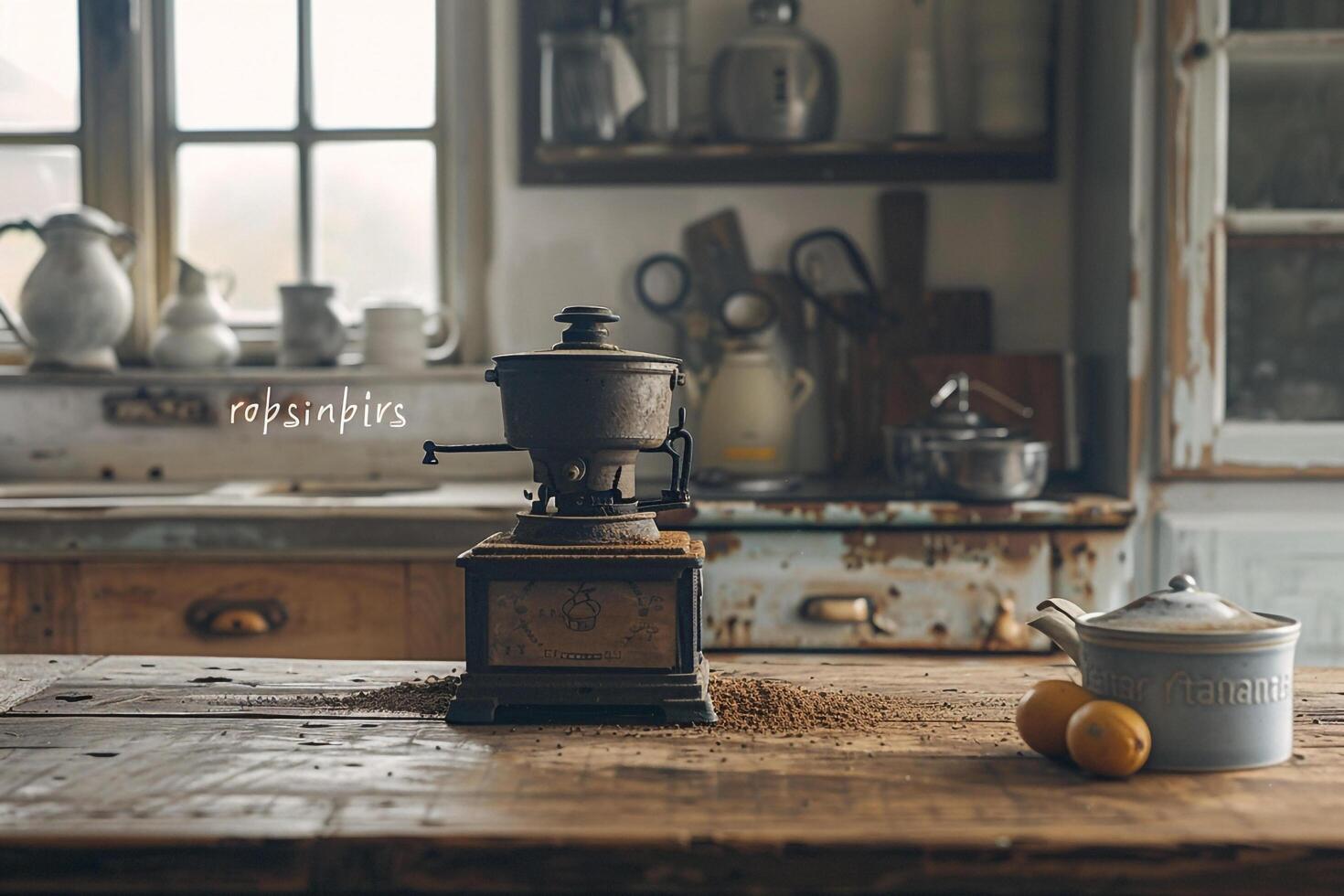 A kitchen with a coffee maker and a tea pot background photo