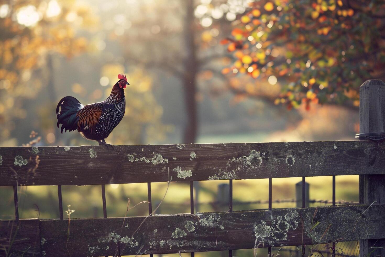A rooster standing on a fence in a field background photo