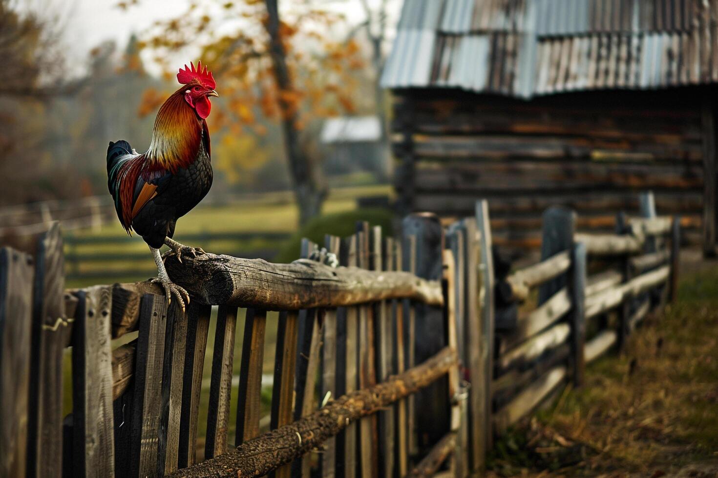 A rooster is perched on a fence background photo