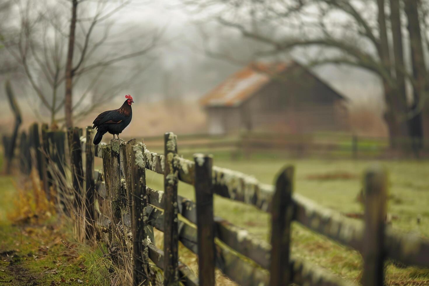A black bird on a fence post in a field background photo