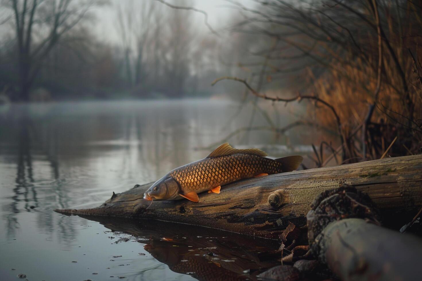 A carp fish on a log in the water background photo