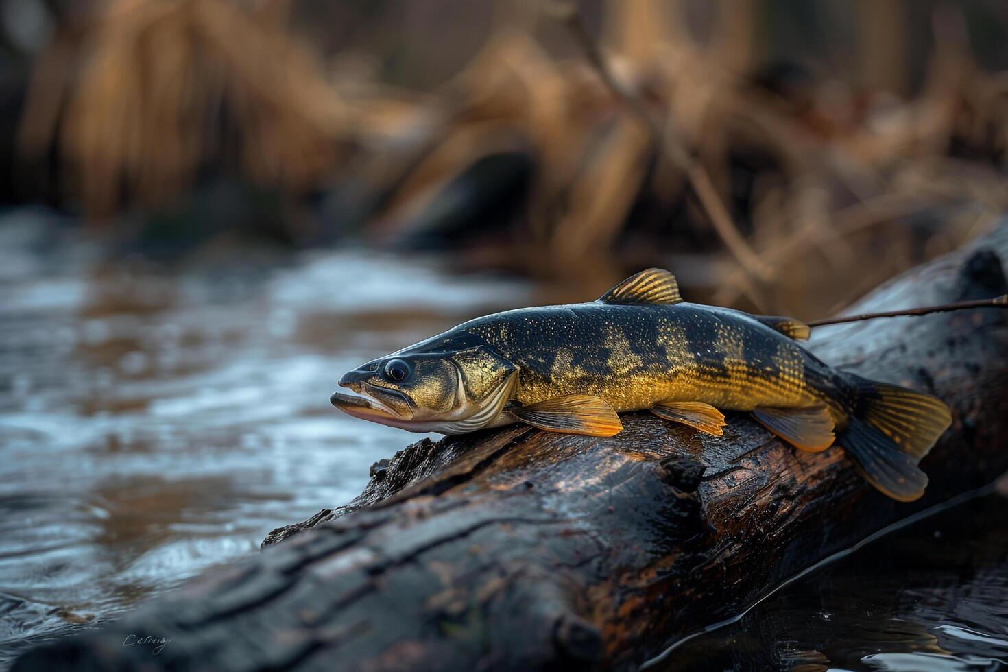 A fish is sitting on a log in the water background photo