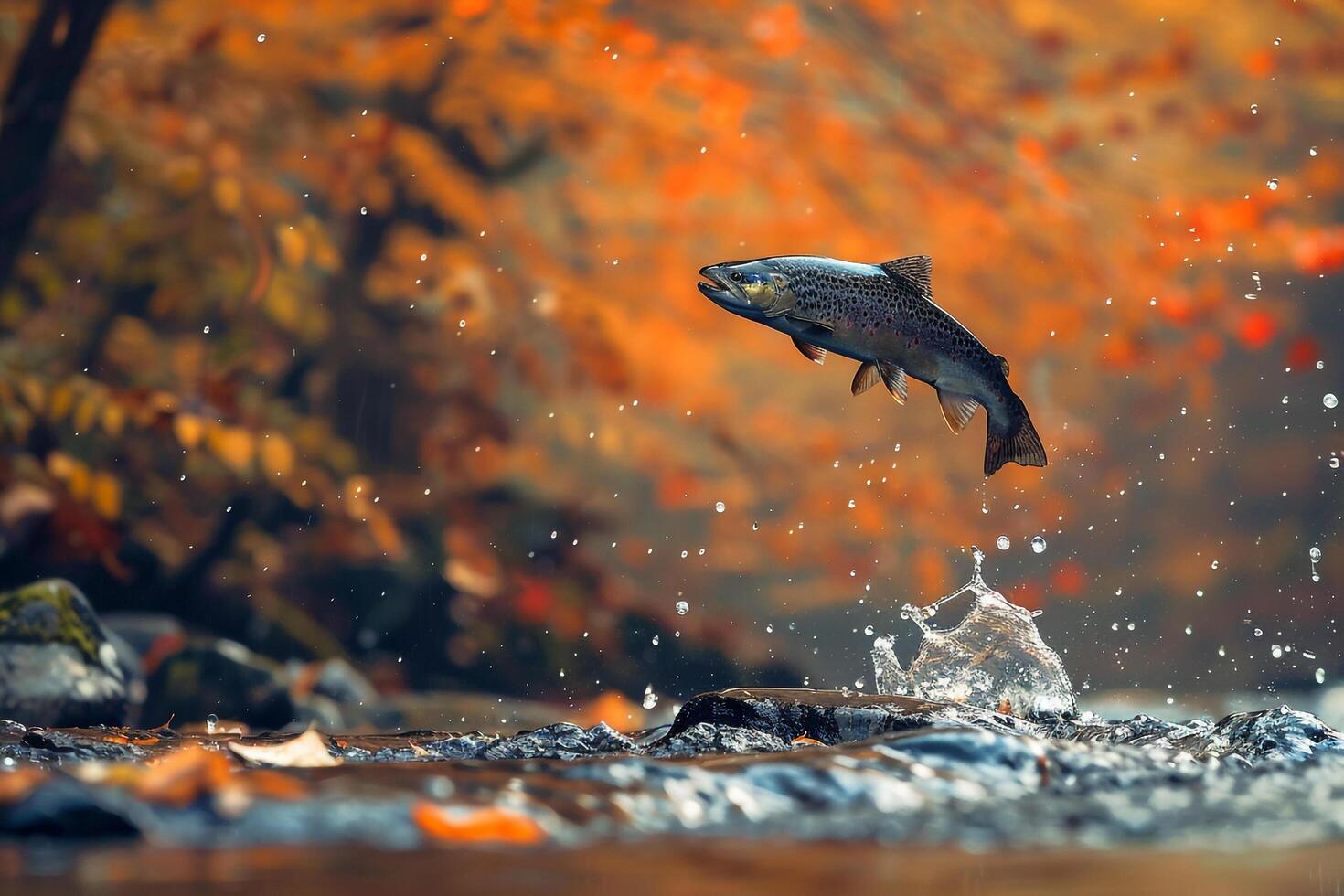 A fish jumping out of the water in the autumn forest background photo