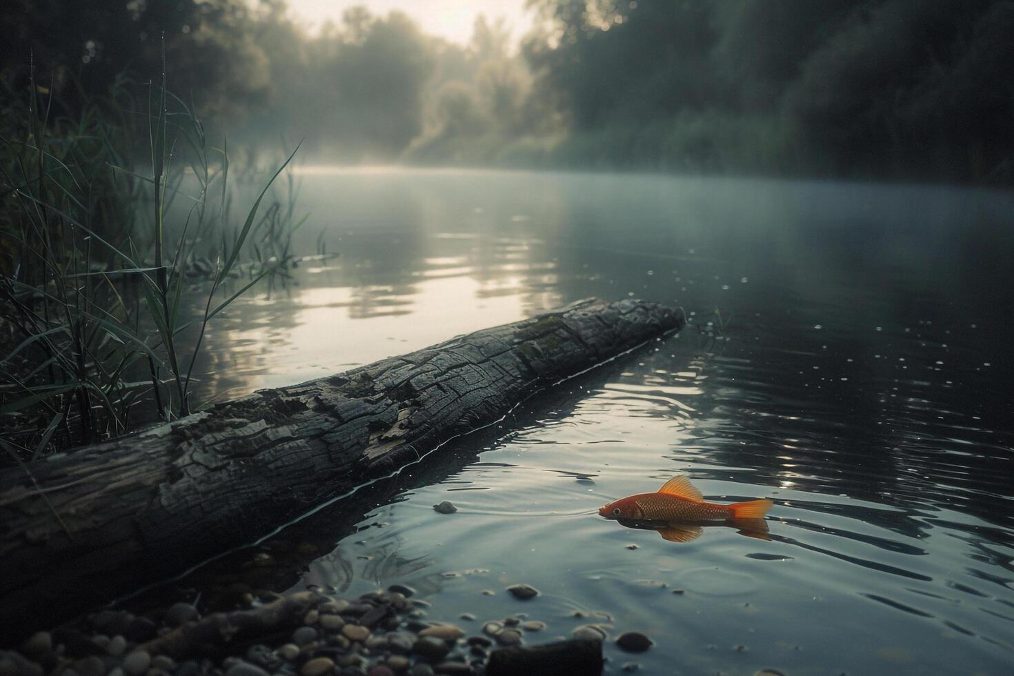 A fish is floating on the water in a foggy river background photo