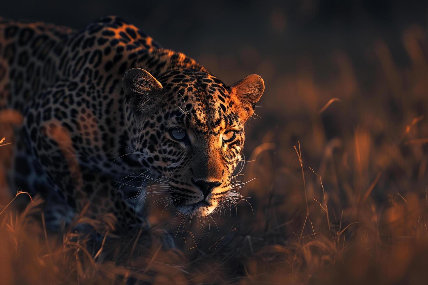 A leopard walking through tall grass in the sun background photo